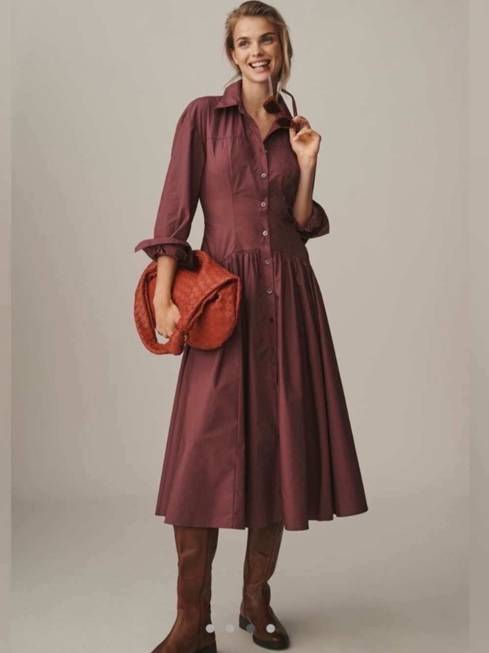 Anthropologie Button-Front Midi Shirt Dress in Wine